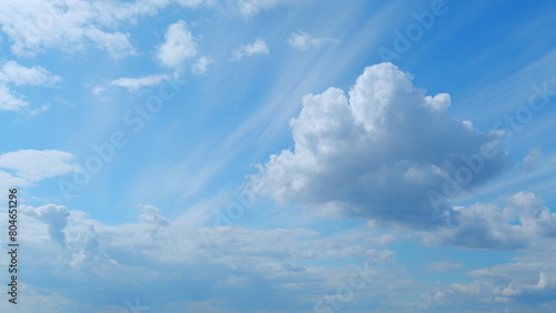 Tableau sur toile Dramatic moving white cumulus and cirrocumulus clouds or puffy fluffy cloudscape on beautiful sunny blue sky