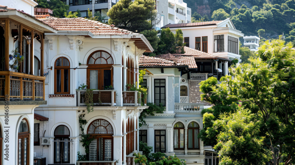 Naklejka premium A row of houses along the Bosphorus Sea showcasing traditional and modern architecture. Intricate details like arched windows and wooden structures are visible.