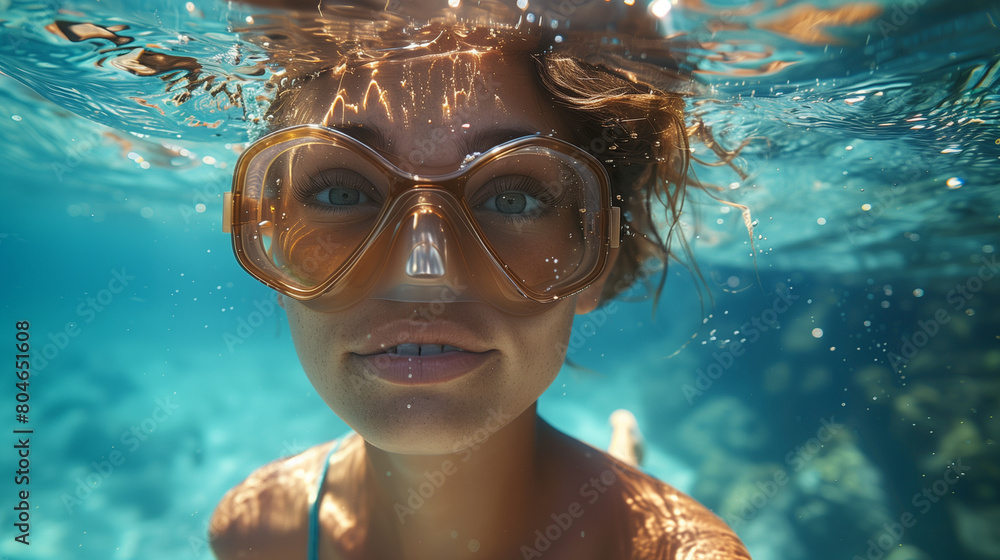 Close-Up Underwater: Woman with Snorkel Mask in Clear Blue Water