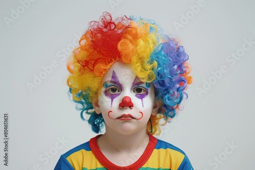 Child boy is dressed up in clown costume with colorful wig