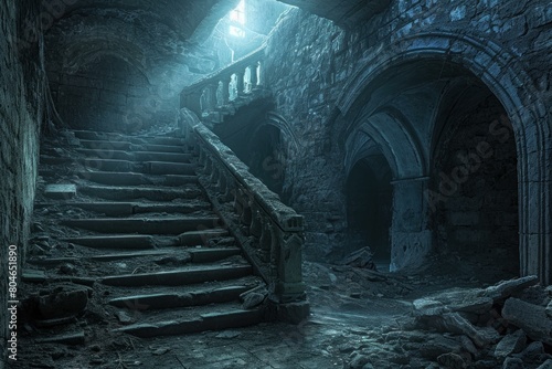 Ominous Abandoned gothic castle dungeon. Ruin scary. Generate Ai