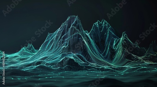 Fototapeta Naklejka Na Ścianę i Meble -  3d green neon wireframe mountains on dark background