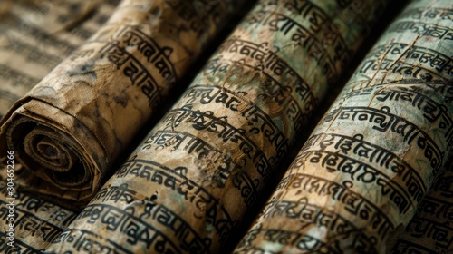 view of ancient scrolls written in sanskrit photo