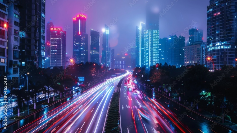 Shenzhen city buildings at night and blurred car lights