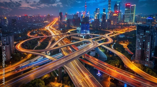 Shanghai elevated road junction and interchange overpass at night, Shanghai China photo
