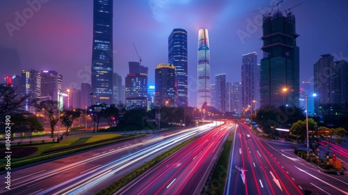 Shenzhen city buildings at night and blurred car lights © Plaifah