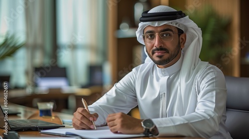 Emirati man in traditional white thobe, sitting at his desk writing, office background, copy space