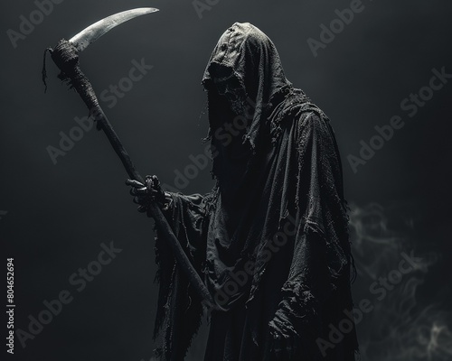 An eerie image of the Grim Reaper holding his scythe, dressed in tattered black robes, set against a solid dark background 8K , high-resolution, ultra HD,up32K HD photo