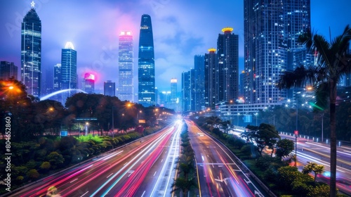 Shenzhen city buildings at night and blurred car lights