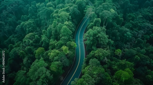 Aerial photo top view beautiful curve road on lush green forest. © Bird Visual