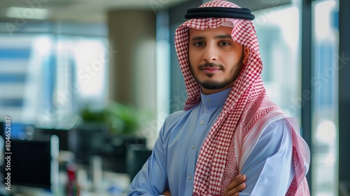 Saudi man wearing thobe and shemagh standing in office, smiling at camera, copy space photo