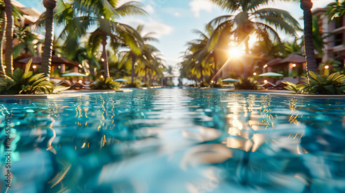 Tropical Resort Pool at Sunset  Relaxing Vacation Environment with Palm Trees and Clear Skies