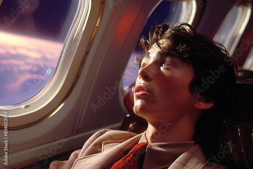 An image of a young man in a plane, showing signs of fear and panic photo