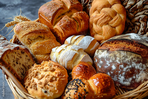 presenting breads and pastries of different shapes, placed together in a single basket, presenting different flavors of different types of bread