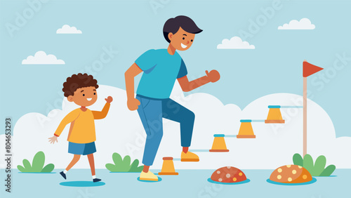 A child navigates an obstacle course with guidance from a the focusing on tasks that require coordination and motor skills.. Vector illustration