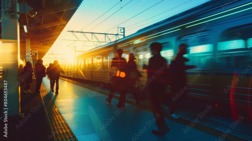 Silhouettes of travelers rushing to catch a departing high-speed train, a metaphor for life's journey.