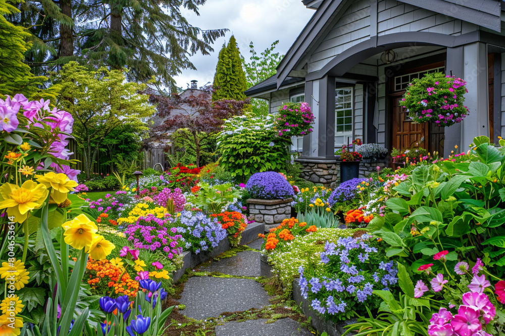 Fototapeta premium Contemporary spring garden front yard with multicolored floral arrangements and lush greenery, captured in ultra high-definition