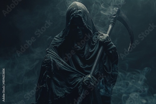 The Grim Reaper in tattered black robes, holding his scythe, with a solid dark background, offering room for text 8K , high-resolution, ultra HD,up32K HD photo