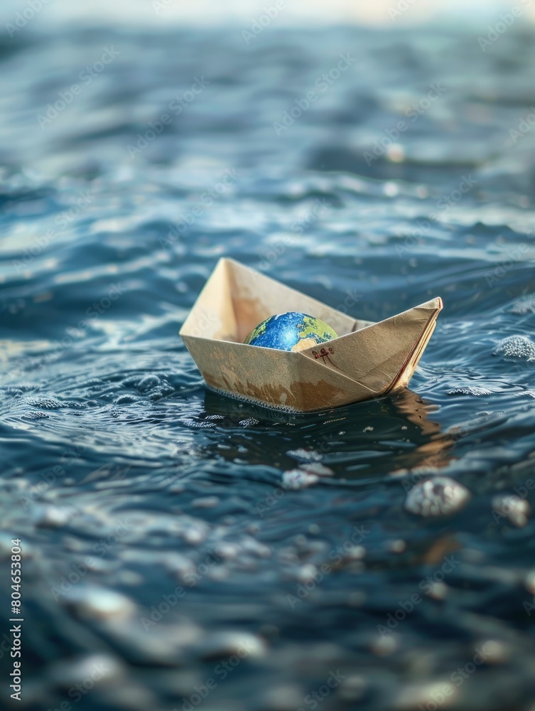 Earth world in a paper boat floating in the ocean. Faith or religion conceptual theme and copy space - generative ai Earth world in a paper boat floating in the ocean. Faith or religion conceptual theme and copy space - generative ai