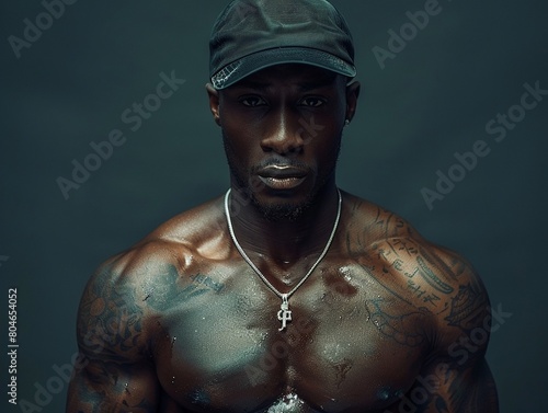 A hiphop artist with a strong, muscular physique, wearing a cap and exuding confidence, with room for text 8K , high-resolution, ultra HD,up32K HD