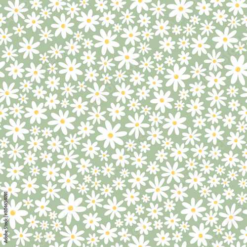 A green seamless background with a white flower pattern. The flowers are small and white © AndY_art