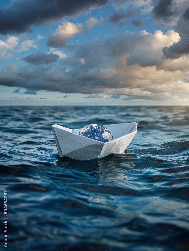 Earth world in a paper boat floating in the ocean. Faith or religion conceptual theme and copy space - generative ai