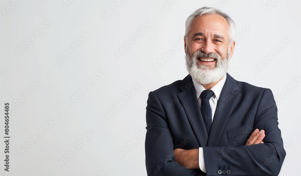 Happy laughing old bearded business man leader executive, smiling senior confident professional businessman wearing suit standing arms crossed isolated on white wall Happy laughing old bearded business man leader executive, smiling senior confident professional businessman wearing suit standing arms crossed isolated on white wall