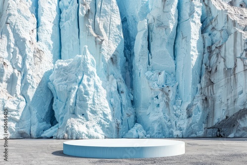 Circular pedestal in front of a textured frozen ice backdrop, copy space. For product presentation