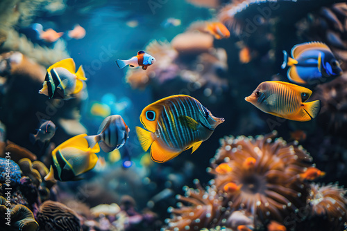 Aquarium with corals, reefs and different fishes swimming in blue water photo