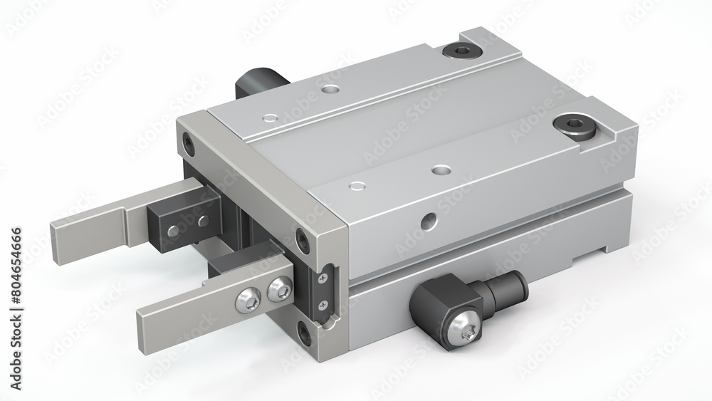 Electric or pneumatic parallel motion gripper for automated production systems. 3D renderer Electric or pneumatic parallel motion gripper for automated production systems. 3D renderer