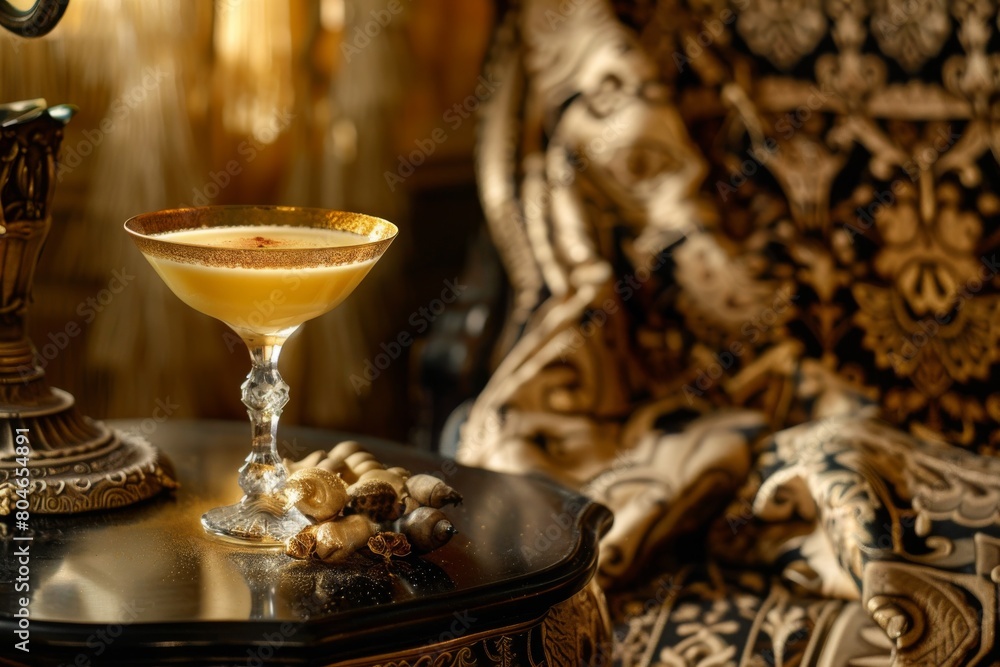 Luxurious Cocktail Hour With Gold-Rimmed Glass on Table