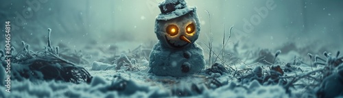 A terrifying snowman with glowing eyes, standing ominously in a snowy field 8K , high-resolution, ultra HD,up32K HD photo