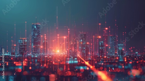 Smart city with particle glowing light connection design, big data connection technology concept.
