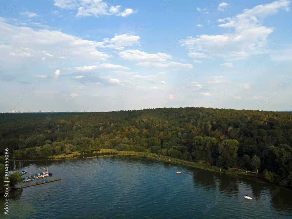 Aerial landscape of island in river and Grunewald forest on a sunny summer day in Berlin Aerial landscape of island in river and Grunewald forest on a sunny summer day in Berlin