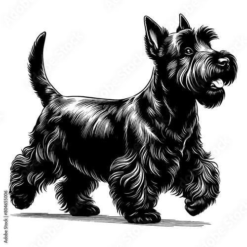 Cute Scottish Terrier dog in full-body, hand drawn sketch. Vector isolated on white background	