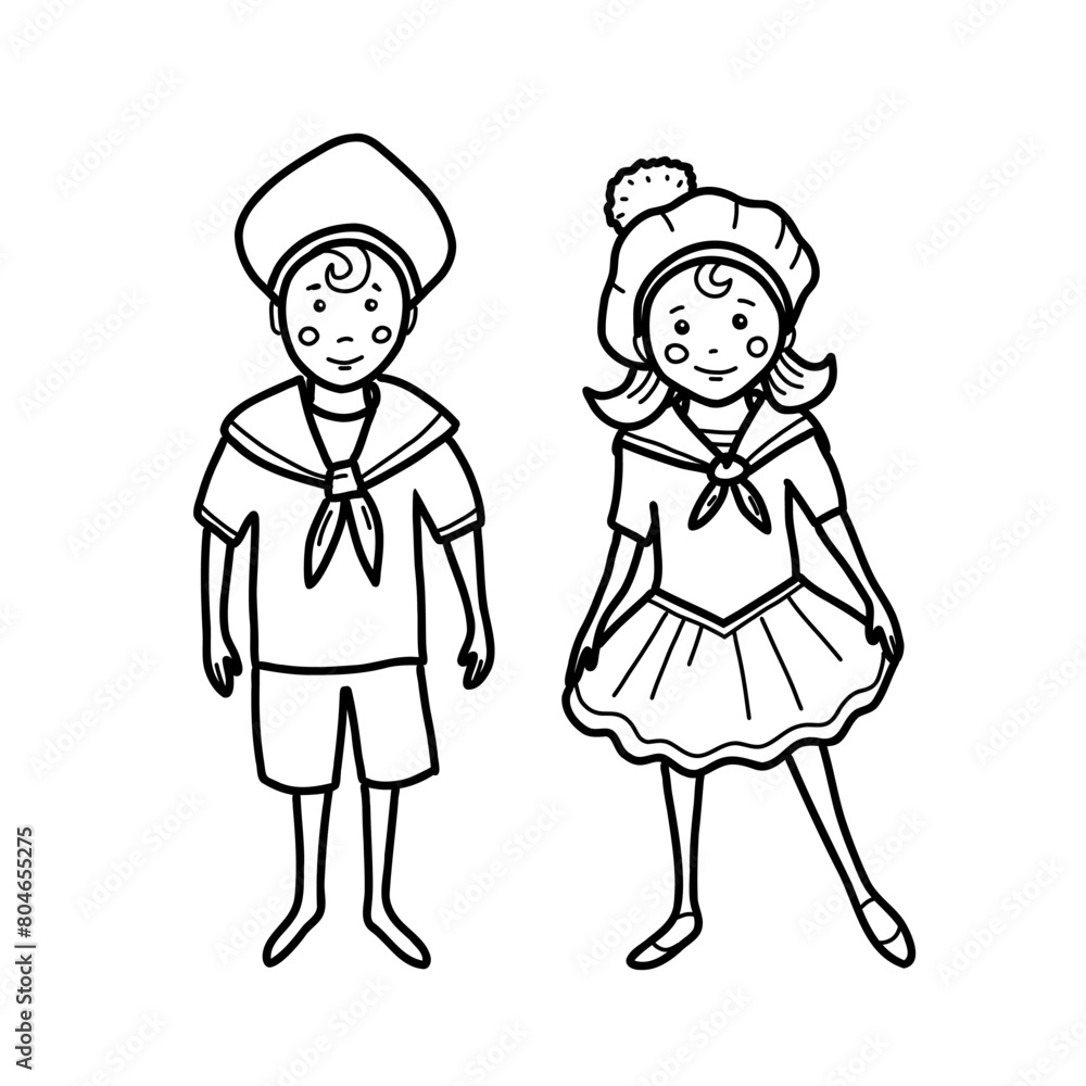 Cute little sailor boy and girl in a marine suit. Vector nautical illustration for children in doodle style. Hand drawn on a white background. Cute little sailor boy and girl in a marine suit. Vector nautical illustration for children in doodle style. Hand drawn on a white background.
