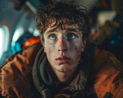 A young man in a plane, looking scared and anxious, experiencing a moment of panic 8K , high-resolution, ultra HD,up32K HD