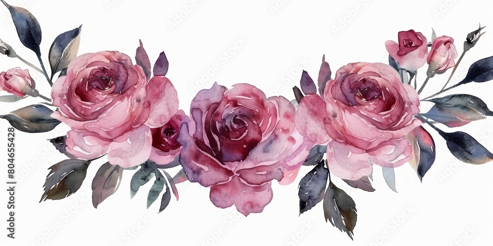 Watercolor Floral Wreath with Pink Roses Generative AI