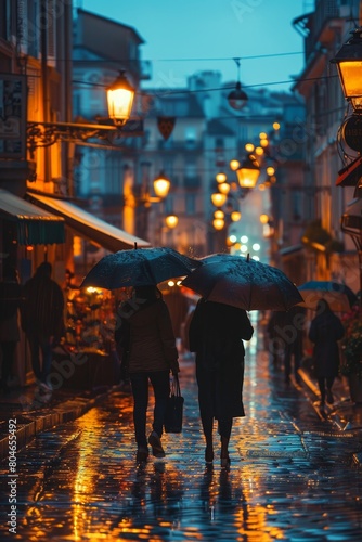 City center night street during rainy day with people walking and holding umbrellas © Yevhen