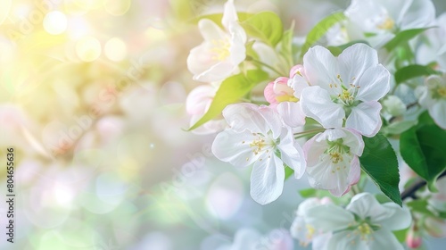 A beautiful photo of white and pink apple blossoms in spring with a blurred background in shades of pink, green and yellow. AIG51A.