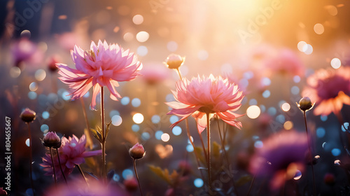 Pink daisy flowers in the garden with sun light. Vintage tone.