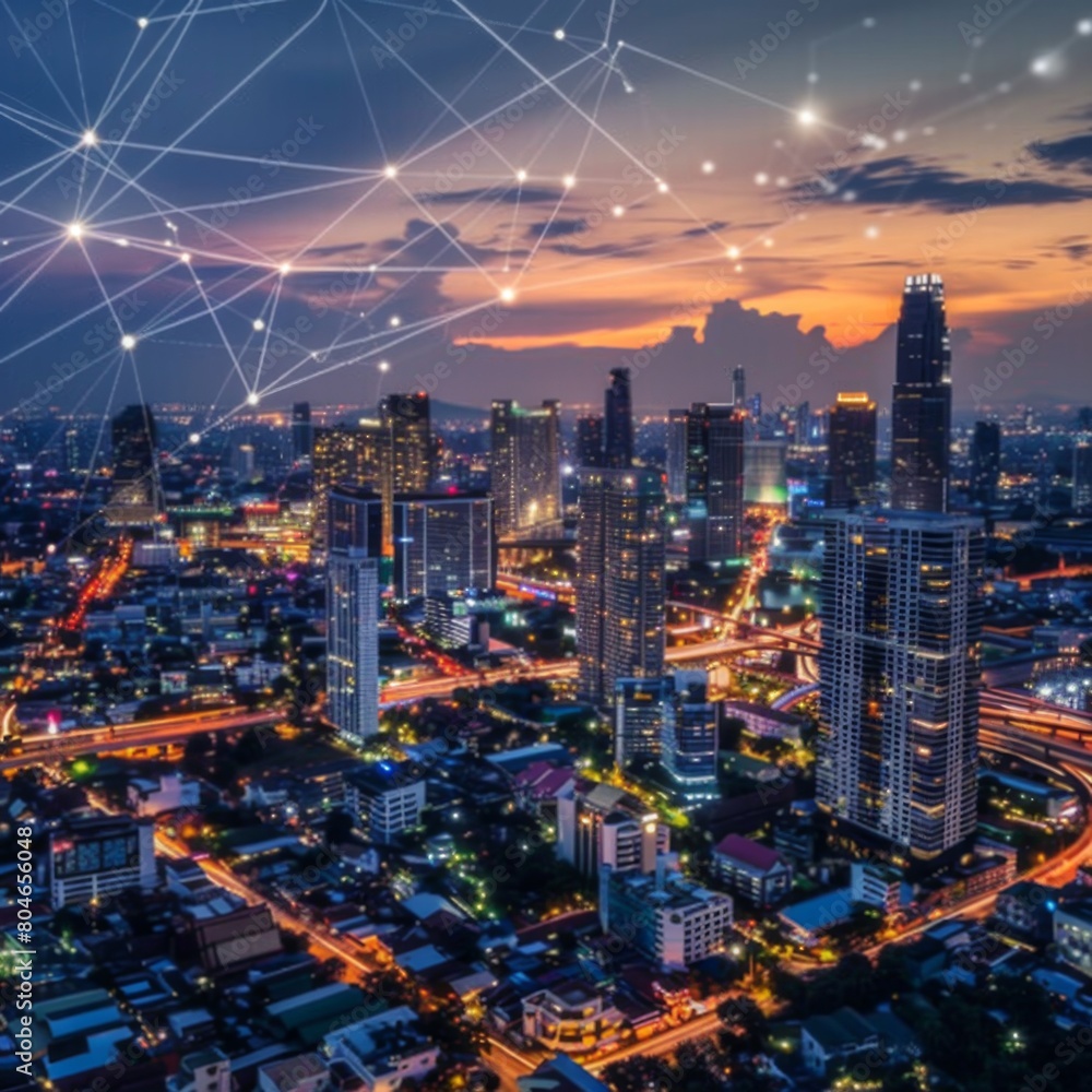 Smart network and connection technology concept with Bangkok city background at dusk in Thailand, Panorama view