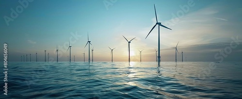 Tranquil Seascape: Wind Turbines Stand Tall Against a Sunset Over a Calm Blue Ocean (Offshore Wind Farm)