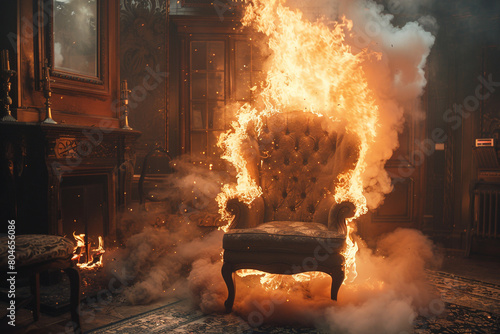 A dramatic scene with a single chair engulfed in flames inside a vintage room
