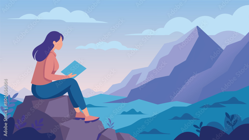 In the peacefulness of a mountaintop a girl sits on a rocky ledge journal in hand as she looks out at the vast expanse of nature and contemplates her.