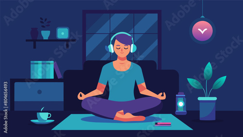 A person sitting in a quiet room with dimmed lights practicing progressive muscle relaxation while listening to calming music..