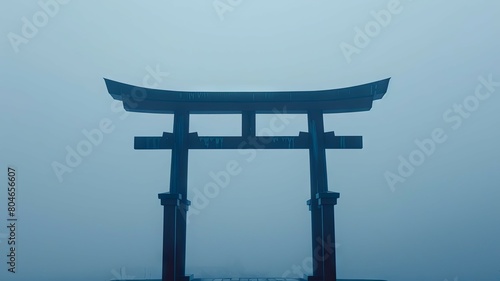 A Shinto torii gate stands in silhouette against a gentle gray backdrop  exuding a powerful aura of spirituality and tradition. The sun s first light illuminates the scene  casting a serene and