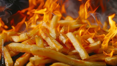 A close-up view of golden french fries sizzling in a frying pan, dangerously close to an open flame. The flaming fire adds an exciting twist to the otherwise mundane meal, igniting a thrilling photo