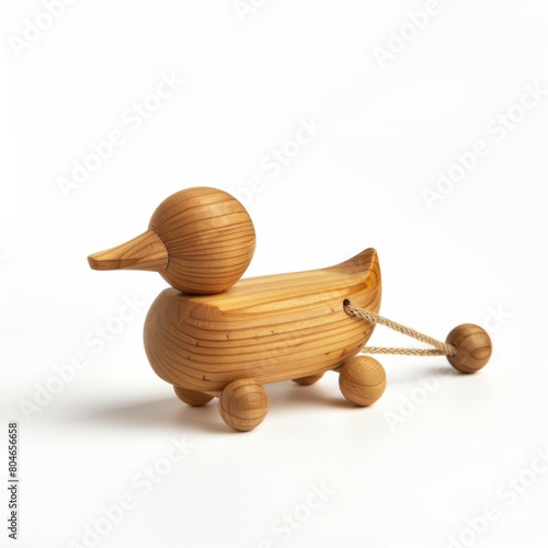 A charming wooden toy duck sits on a clean white backdrop