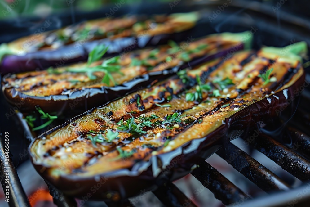 Slices of grilled eggplants on grill